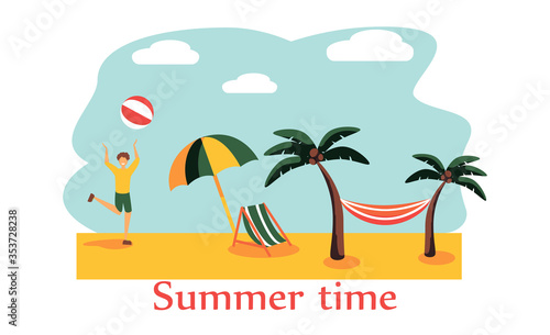 Young Man Playing Beach Volleyball, Guy Relaxing on Beach on Summer Vacations Vector Illustration. Beach holidays, swimming accessories. Flat vector illustration.