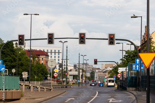 Street with stop lights in Krakow