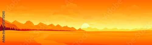 Desert landscape with mountains, sunrise. Desert Bundle in cartoon style. Can be used for background and banner design.