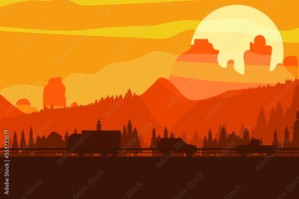 Highway against the backdrop of a mountain landscape. Forest, sunrise mountains fog