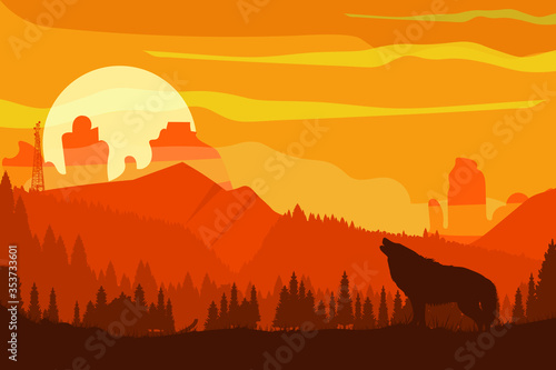 Sunrise over the mountains cartoon mountain landscape canyon forest