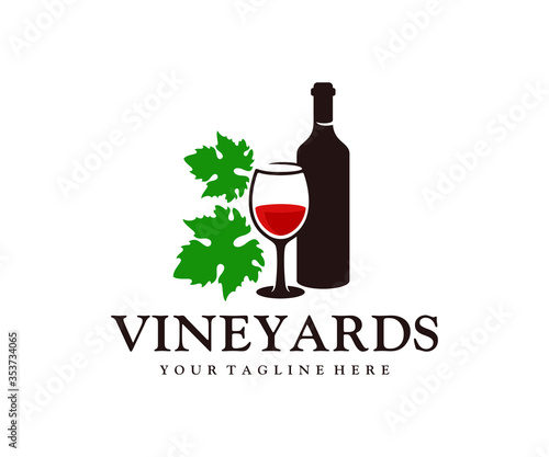Bottle of wine, glass of wine and grape leaves, logo design. Winemaking, wineries, vineyards and alcoholic drinks, vector design and illustration