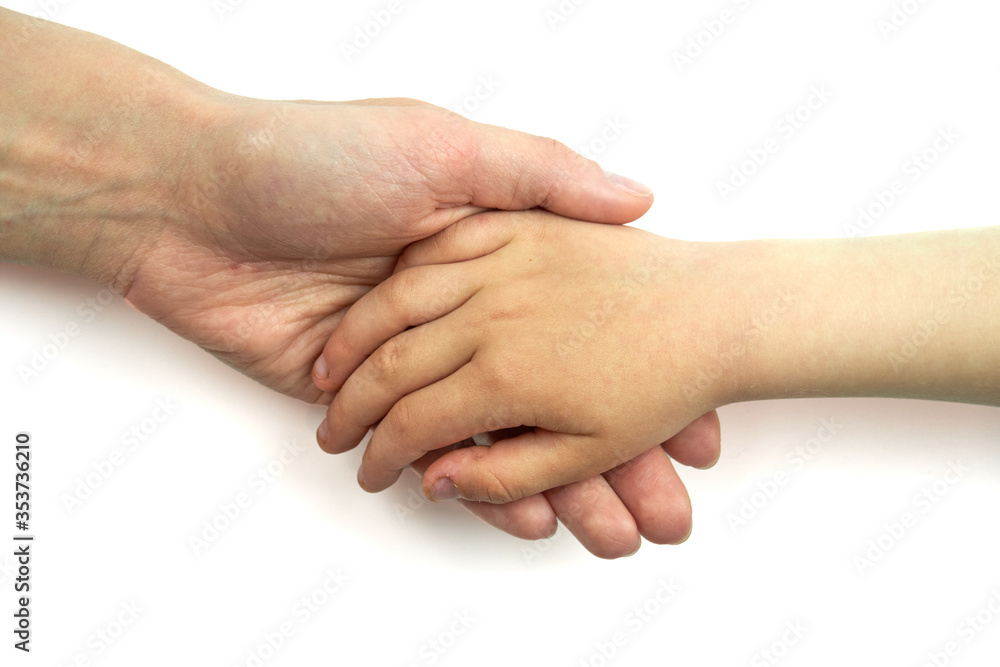 Mother hilding child hands isolated on white background. Children Protection Day. Mother and child hand isolated. Mother hilding child hands isolated on white background. Children Protection Day. Mother and child hand isolated.