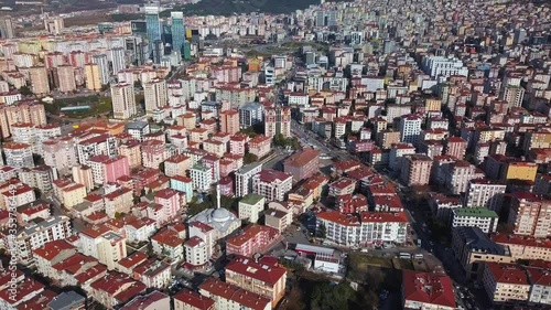 Urbanization landscape of housing in the city. Fly over with a drone. Istanbul is the most populous city in Turkey. Aerial view of residential neighborhood and low-rise apartment buildings
 photo