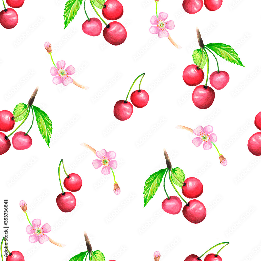 Seamless pattern consists of cherry branches with a leaf, ripe berries and delicate pink flowers. Seamless pattern consists of cherry branches with a leaf, ripe berries and delicate pink flowers.