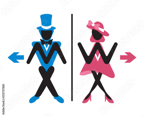 Toilet wc sign. Funny elegant lady and gentleman for bathroom door. Сouple hurry to lavatory. Сolored male and female symbol for washroom in retro style. Flat vector isolated on white background.