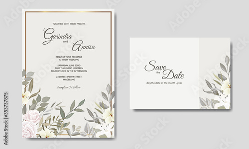 Wedding invitation card template set with beautiful floral leaves decoration Premium Vector