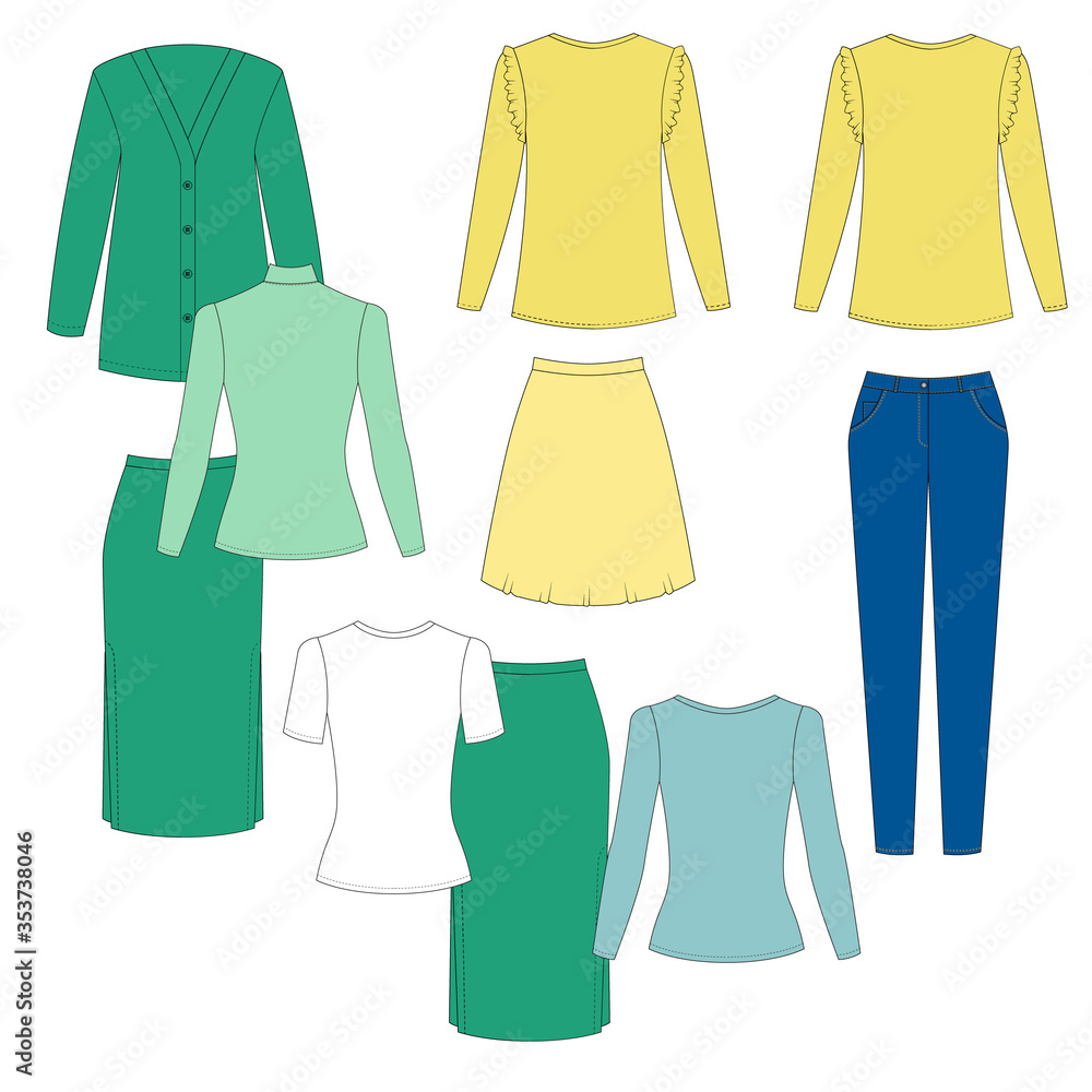 Illustration of women's skirt, shirt, shorts, pants, jeans, t-shirt, longsleeve, cardigan, jacket, jerseys, singlet. Minimalist Basic capsule wardrobe. Casual style. Technical drawing. Spring summer Illustration of women's skirt, shirt, shorts, pants, jeans, t-shirt, longsleeve, cardigan, jacket, jerseys, singlet. Minimalist Basic capsule wardrobe. Casual style. Technical drawing. Spring summer