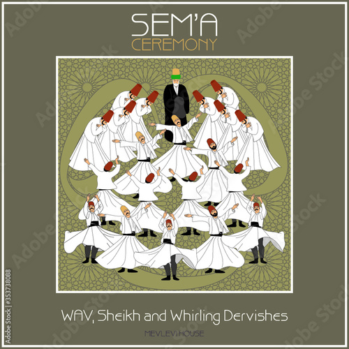 Dervishes vector poster. Symbolic study of Mevlevi mystical dance. This painting represents a movement of this dance.