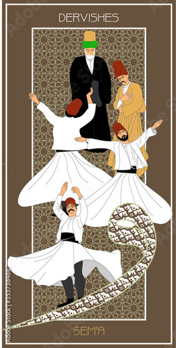 Dervishes vector poster. Symbolic study of Mevlevi mystical dance. This painting represents a movement of this dance.