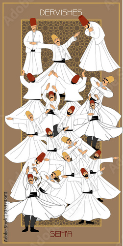 Dervishes vector poster. Symbolic study of Mevlevi mystical dance. This painting represents a movement of this dance.