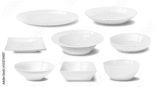 White plate, dish and food bowl realistic mockups