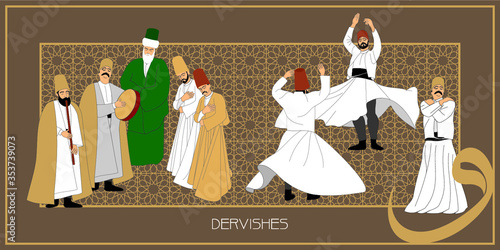 Dervishes vector poster. Symbolic study of Mevlevi mystical dance. This painting represents a movement of this dance.