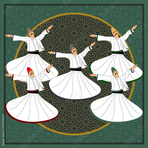 Whirling Dervishes Big vector poster. Symbolic study of Mevlevi mystical dance. This painting represents a movement of this dance.