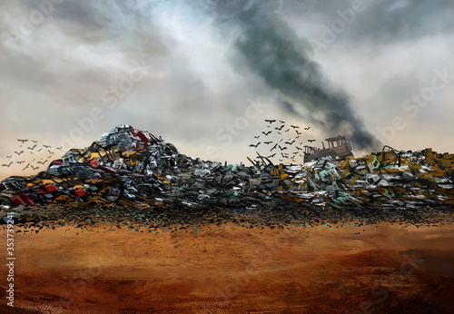 Junkyard with bulldozer and birds landscape illustration