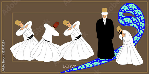 Whirling Dervishes Big vector poster. Symbolic study of Mevlevi mystical dance. This painting represents a movement of this dance.