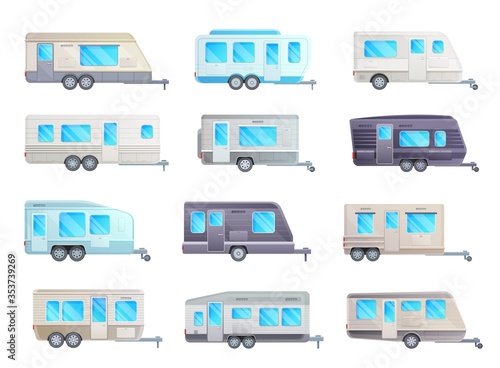 Camper trailer or travel caravan vector set of RV car and transportation design. Camp vans and mobile homes, recreational motor vehicle for family camping, summer vacation and road trip design