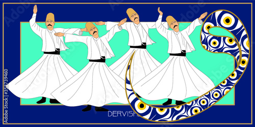 Whirling Dervishes Big vector poster. Symbolic study of Mevlevi mystical dance. This painting represents a movement of this dance.