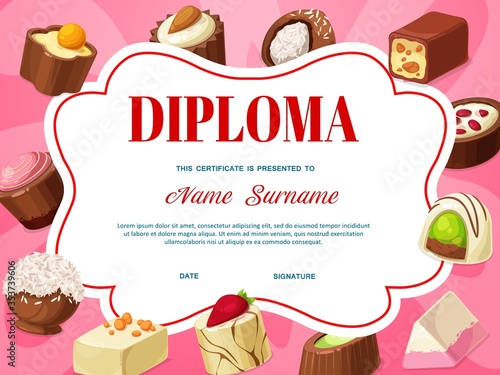Kids diploma certificate template with vector background frame of chocolate candies. Education award of school or kindergarten graduation achievement with truffle and praline dessert of milk chocolate