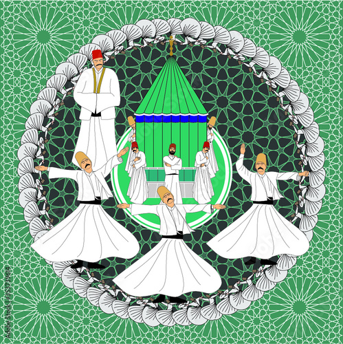 Whirling Dervishes Big vector poster. Symbolic study of Mevlevi mystical dance. This painting represents a movement of this dance.