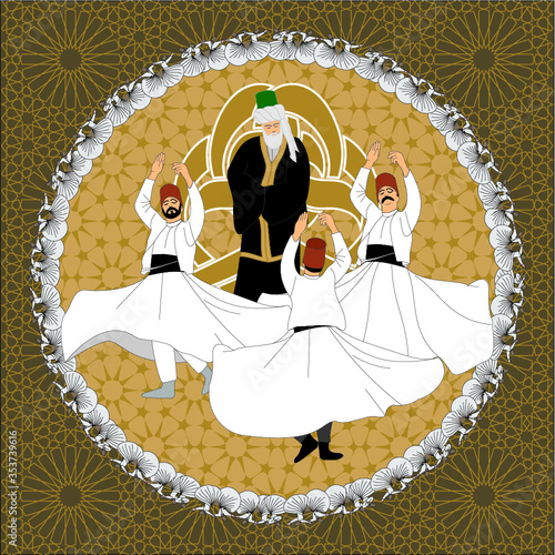 Whirling Dervishes Big vector poster. Symbolic study of Mevlevi mystical dance. This painting represents a movement of this dance.