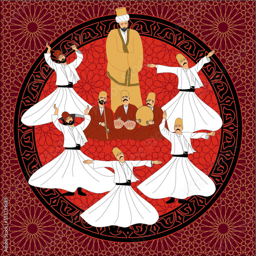 Whirling Dervishes Big vector poster. Symbolic study of Mevlevi mystical dance. This painting represents a movement of this dance.