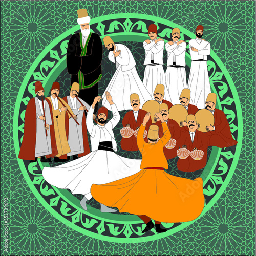 Whirling Dervishes Big vector poster. Symbolic study of Mevlevi mystical dance. This painting represents a movement of this dance.