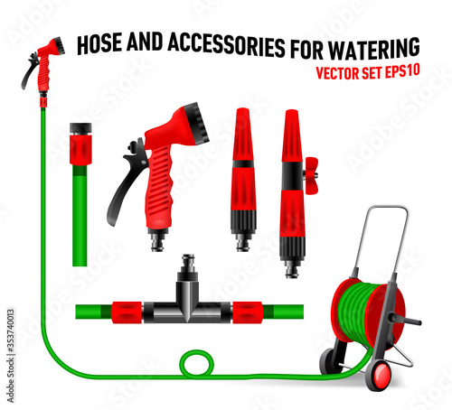 set of hose pipe holds the garden watering red and green irrigation, water spray gun, plastic sprayer vector, nozzles different nozzles and reel for watering