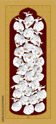 Whirling Dervishes Big vector poster. Symbolic study of Mevlevi mystical dance. This painting represents a movement of this dance.