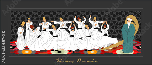 Whirling Dervishes Big vector poster. Symbolic study of Mevlevi mystical dance. This painting represents a movement of this dance.