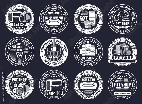 Pet shop vector icons with cat care supplies, animal food and grooming accessories. Isolated symbols of cat toys, bed and feeding bowl, house, scratching post, collar and leash, carrier, brush, comb