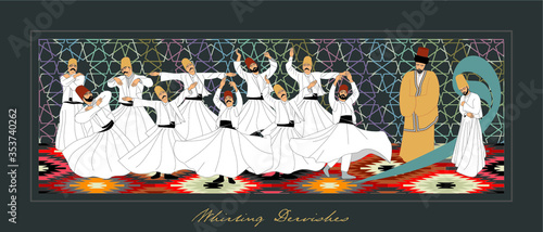 Whirling Dervishes Big vector poster. Symbolic study of Mevlevi mystical dance. This painting represents a movement of this dance.