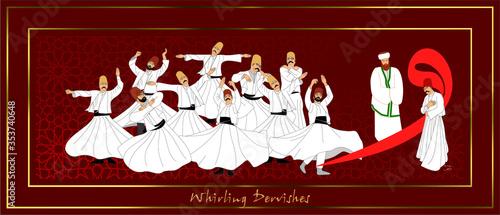 Whirling Dervishes Big vector poster. Symbolic study of Mevlevi mystical dance. This painting represents a movement of this dance.