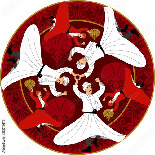 Whirling Dervishes Big vector poster. Symbolic study of Mevlevi mystical dance. This painting represents a movement of this dance.