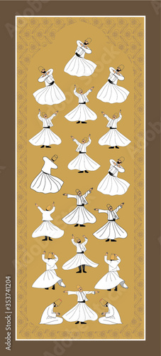 Whirling Dervishes Big vector poster. Symbolic study of Mevlevi mystical dance. This painting represents a movement of this dance.