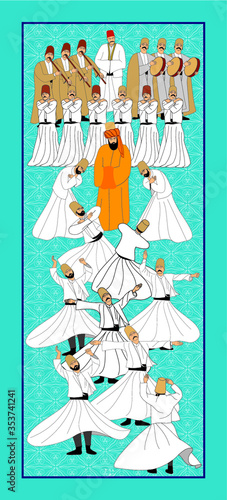 Whirling Dervishes Big vector poster. Symbolic study of Mevlevi mystical dance. This painting represents a movement of this dance.