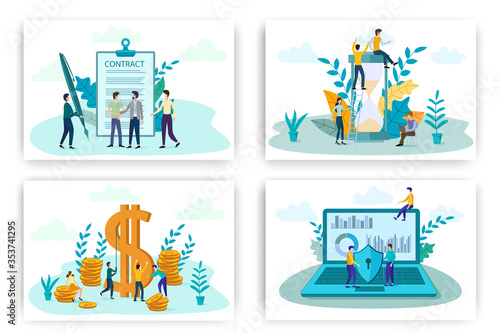 Business negotiations, Time management, Investment company, Online protection.A set of illustrations for the design.flat vector illustration.