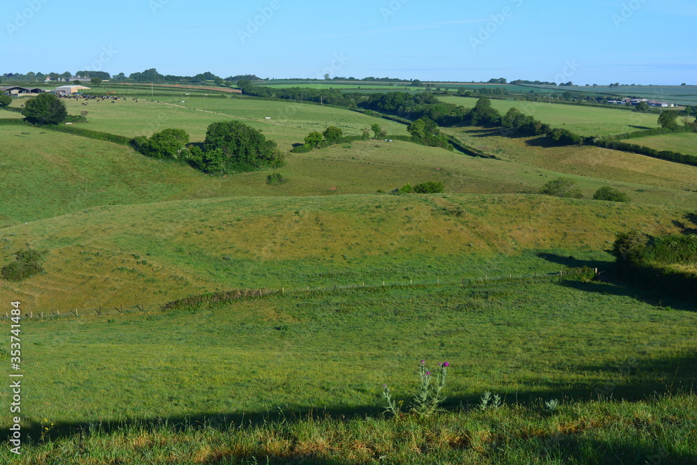 View over typical green rolling hills in summer, Dorset, England
