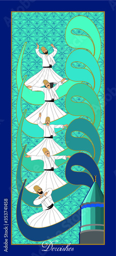 Whirling Dervishes Big vector poster. Symbolic study of Mevlevi mystical dance. This painting represents a movement of this dance.