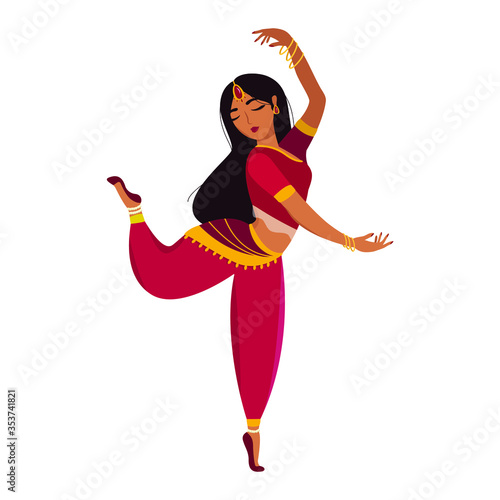 Indian dancer on white background. Beautiful indian woman is dancing. Dancing girl. Vector illustration.
