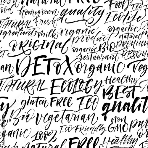 Seamless eco pattern. Lettering and calligraphy black brush strokes elements. Vector ornament for wrapping paper, wallpapers, web design etc.