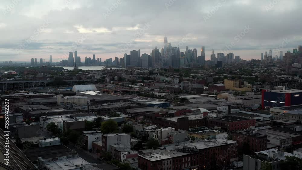 aerial Brooklyn moving side lateral Manhattan skyline foggy day New York City NYC aerial Brooklyn moving side lateral Manhattan skyline foggy day New York City NYC