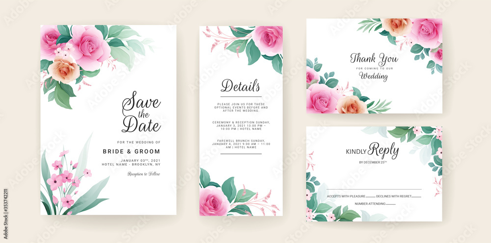 Set of wedding invitation template with peach and brown floral border. Flowers composition vector for save the date, greeting, thank you, rsvp, etc