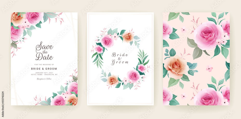 Set of wedding invitation template with floral border, wreath, and pattern. Flowers composition vector for save the date, greeting, thank you, rsvp, etc