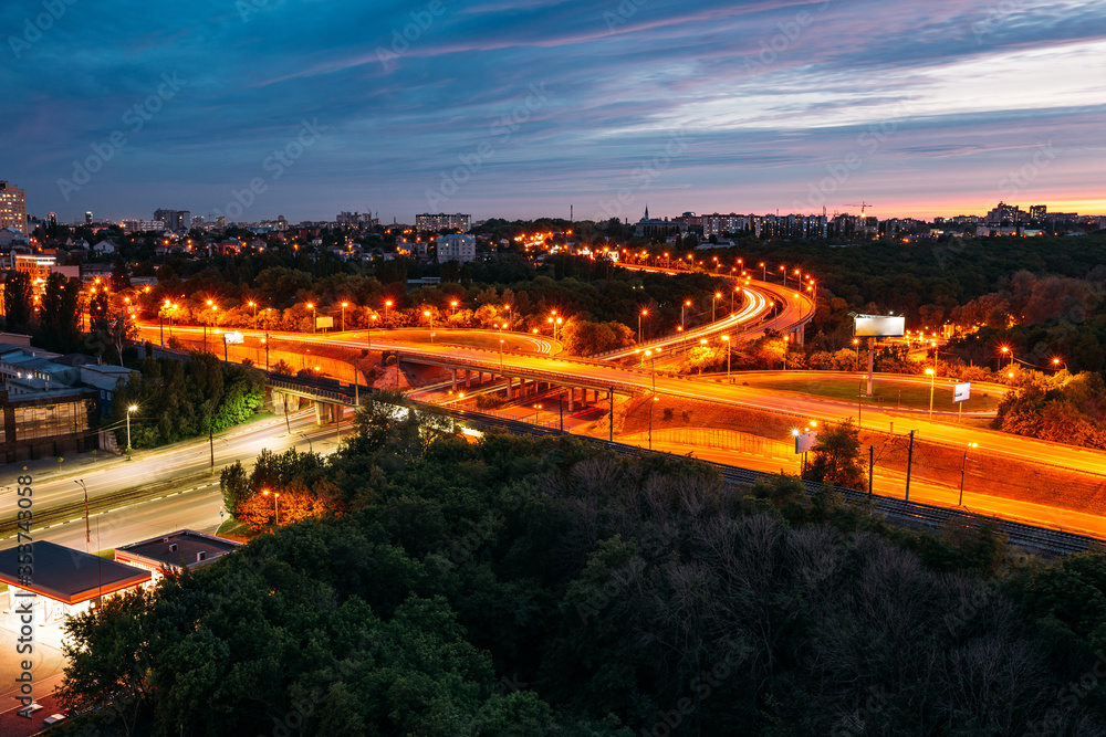 Night Voronezh cityscape. Transport junction, aerial view