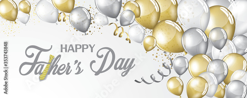 "Happy Father's Day" card or banner in gray with silver, gold and white balloons with streamers, glitter all around on a white background