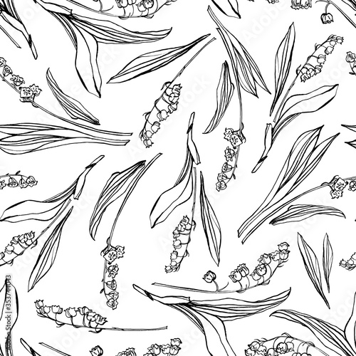 Vector elegant botany lily of the valley line art repeat pattern with hand drawn outline on white background. Nature background. Surface pattern design.