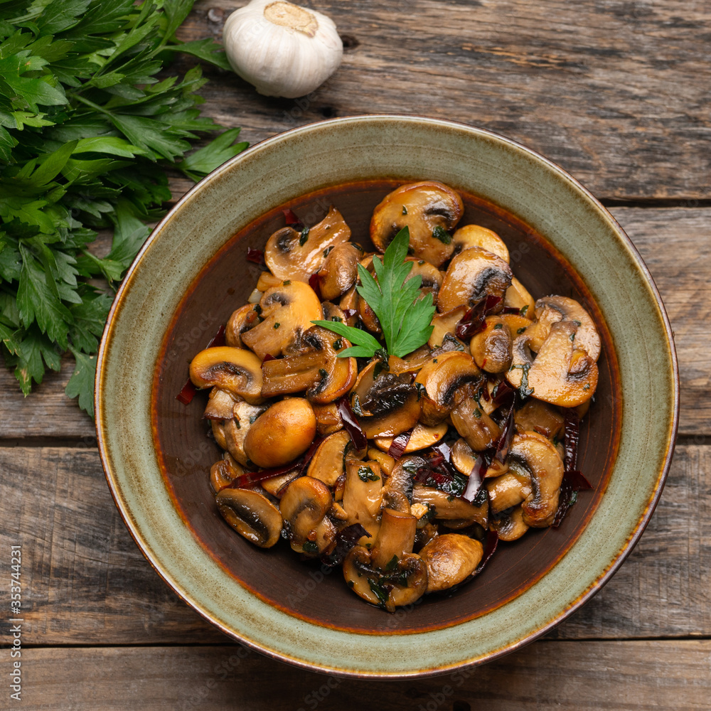 Mexican mushrooms with garlic and guajillo chili peppers also called Mexican mushrooms with garlic and guajillo chili peppers also called