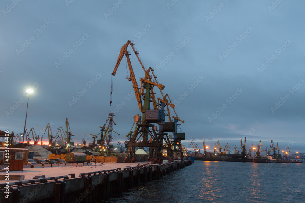 General view of the cargo port. Cargo cranes await the arrival of the vessel for loading unloading coal in the seaport. General view of the cargo port. Cargo cranes await the arrival of the vessel for loading unloading coal in the seaport.
