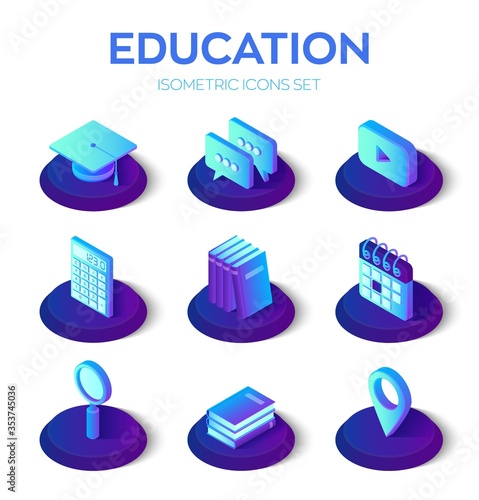 Education isons set. 3d isometric icons for learning or education internet technology concept. E-Learning, webinar, teaching, online training courses infographic. Vector Illustration. photo